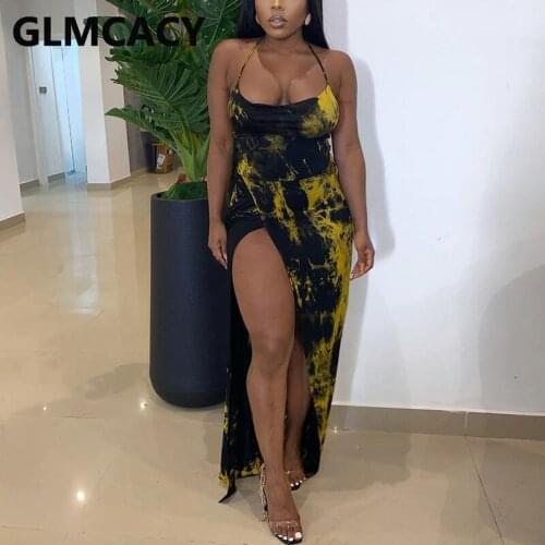 Halter Backless Ytie Dye Printed Slit Dress Sexy Evening Party Club Dress
