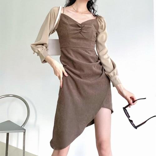 BLLOCUE Fashion Sexy Designer Irregular Split Slim Square Neck Corduroy Patchwork Dress Autumn Winter Womens Clothing