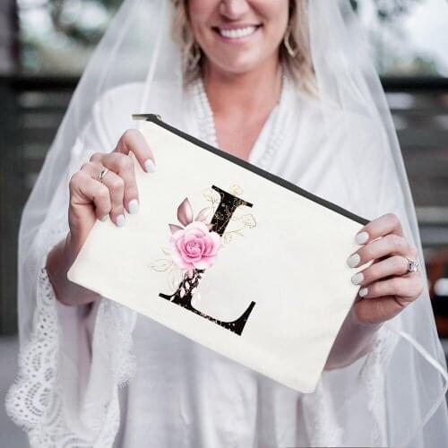 Pink Floral Name Initials Zipper Cosmetic Bags Wedding Personalized Propose Marriage Gift Makeup Toiletry Bag Lipstick Pouch
