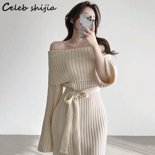 Chic Knitted Sexy Dress Woman Slash Neck High Waisted Apricot Mini Dress Vestidos Autumn Winter Long-sleeve Sweater Dresses