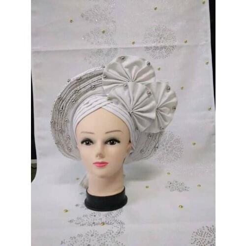 Aso oke headtie length nigerian gele headtie with many beads&stones african turban femme women scarf head wrap for party 2set