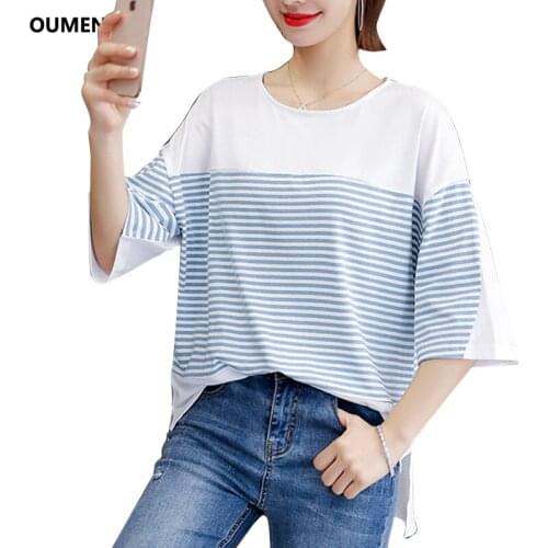 Hot Sale Harajuku Vintage New Cotton Stripe Patchwork T-Shirts 2019 Summer Women Casual Loose Short Sleeve Tee Tops Femme