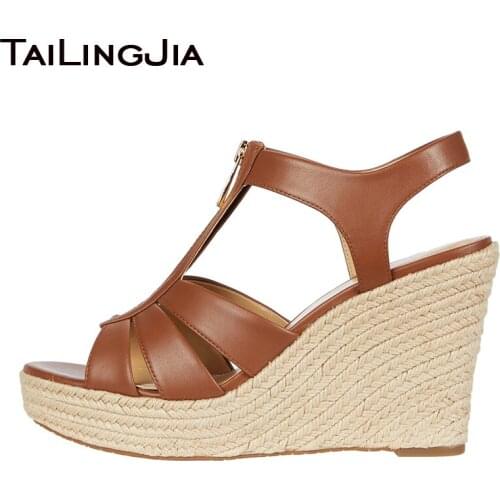 Women Shoes Sandals 2020 Wedges Platform Heels Ladies Peep toe Brown PU Leather Zipper Dress Shoe Rope Wedge Large Size Footwear