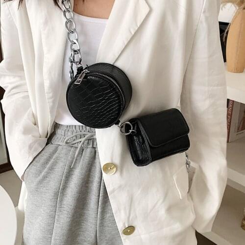 Women Mini Designer Crossbody Bags Pure Color Leather Belt Bag Female Thick Chain Small Handbags Stone Pattern Shoulder Bags Sac