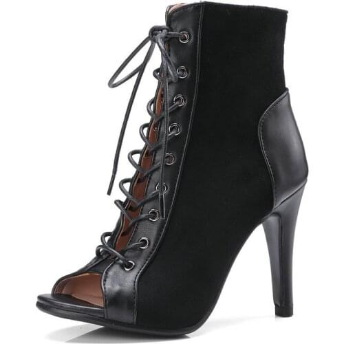 2021 New Sexy Summer Sandals Black Lace Up Cross Tied Peep Toe High Heels Ankle Strap Women Shoes Suede Leather Patchwork SW002