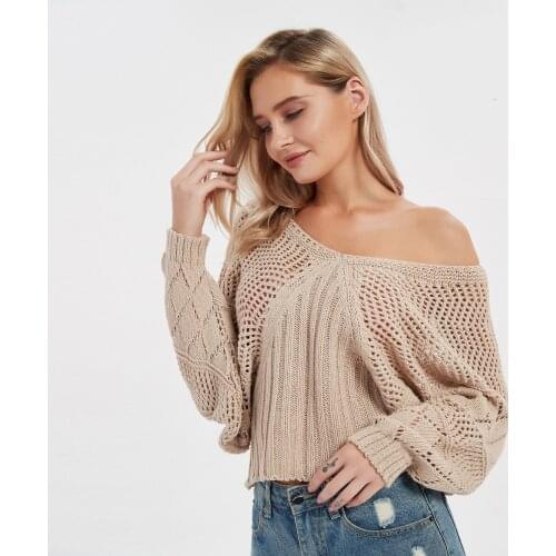 Knitted Women Sweater Sexy Hollow V-neck Batwing Sleeve Female Pullovers Ladies Clothing Solid Color 2021 Autumn Winter Blouse