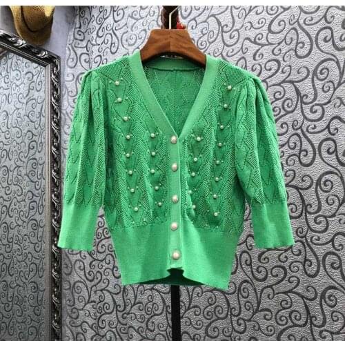 High Quality Cardigans 2021 Autumn Fashion Style Tops Women V-Neck Crochet Knitting Beading Deco Casual Green Cardigan Coats