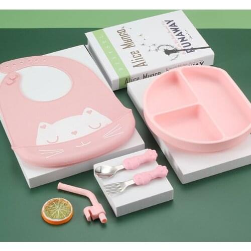 5Pcs/set Baby Feeding Plate Spoon Fork Straw Bibs Set Silicone BPA Free Service Tray Dinnerware for Children Food Feed Dishes