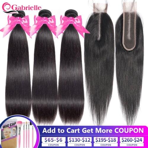 Brazilian Straight Human Hair Bundles with 2x6 Lace Closure 30 Inch Remy Stright Bundles with Closure Kim K Gabrielle