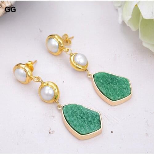GuaiGuai Natural Cultured White Keshi Round Pearl Green Quartzs Gold Plated Lever Back Dangle Stud Earrings Luxury For Women