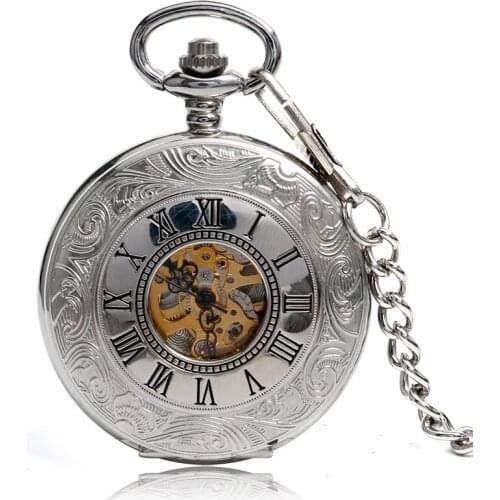 Retro Roman Numerals Pocket Watch Silver Hollow Skeleton Exquisite Mechanical Fashion Steampunk Hand Winding Watches Best Gifts