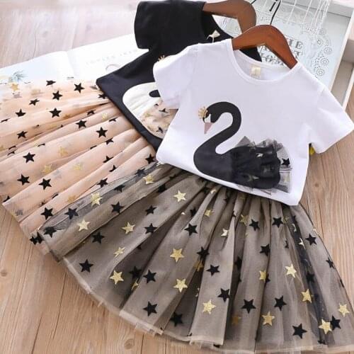 Girls' Clothes Set Summer Cartoon Set Childrens Short-sleeved T-shirt + Star Net Gauze Skirt Two-piece Dress Childrens Clothes