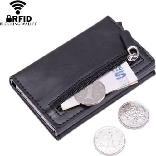 RFID Blocking Mens Smart Wallet With Coin Pocket Leather Purse Magnet Button Credit Card Holder Man Money Bag Metal Card Case