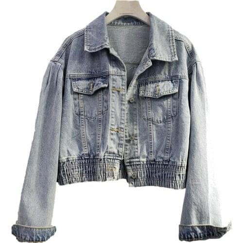 Korean Vintage Wash Blue High Waist Short Denim Jacket Coat Women Outerwear Slim Elastic Waist Long Sleeve Jeans Jackets Female