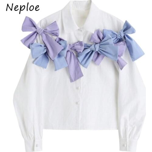 Kuzuwata Hit Color Bow Patchwork Blouse Women Turn Down Collar Long Sleeve Single Breast Blusas Spring 2021 New Shirt Feminino