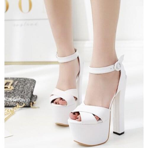 Summer 17cm Womens Shoes White Black Sexy Super High Heel Open Toe Coarse Heel Platform Fishmouth Sandals Shoes