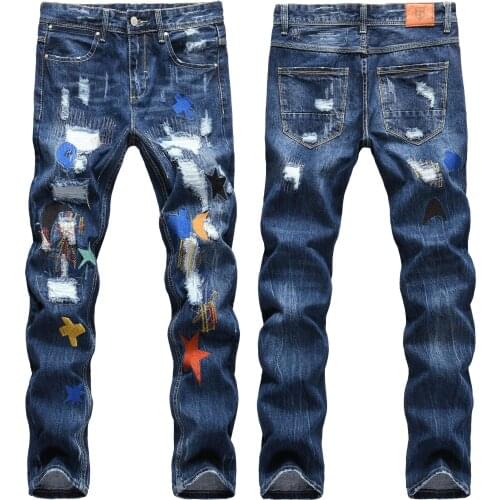 2021 Men’s Classic Ripped Blue Jeans,Slim-fit Color-contrast Embroidery Denim Casual Pants,Youth Fashion Must
