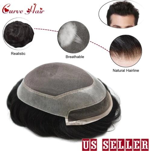 Fine Mono Clear Poly Around Mens Toupee Human Hair All Hand Tied Light Medium Density Black Hair Replacement System P2-3-8