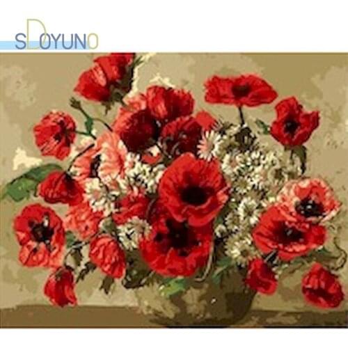 SDOYUNO 60x75cm Paint By Numbers Kits DIY Oil Painting By Numbers On Canvas Red Flowers Frameless Digital Home Decor Hand Painti