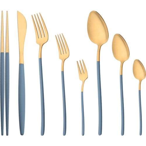 Blue Gold Cutlery Set 304 Stainless Steel Dinnerware Matte Flatware Dinner Knife Fruit Fork Spoon Chopsticks Home Tableware Set