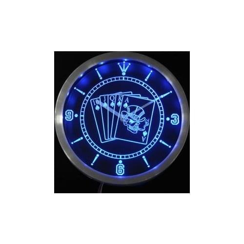 Nc0379 Royal Flush Casino Skull Poker Game Room Neon Light Signs LED Wall Clock
