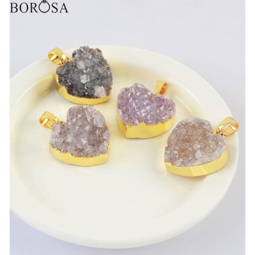 BOROSA Gold Color Heart Natural Agates Druzy Pendant Necklace, 18" Heart Druzy Necklace for Women Birthday Valentines Gift G2019