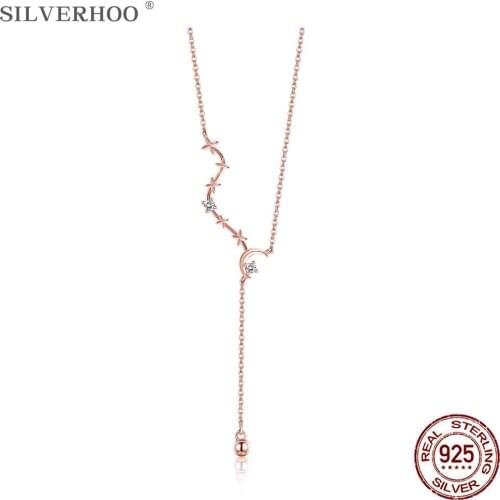 SILVERHOO 925 Sterling Silver Moon Star Chain Necklaces For Women Shining 5A CZ Long Necklace Pendant Fine Jewelry Romantic Gift