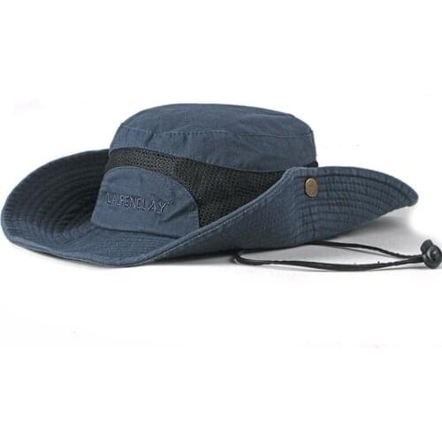 HT2417 Hunting Sun Cap Men Women Bucket Hat Fisherman Cap Breathable Mesh Cotton Panama Hat Flat Top Wide Brim Fishing Cap
