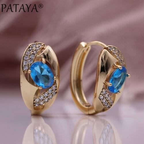 PATAYA New Hot Women Party Fashion Jewelry Oval Blue Natural Zircon Luxury Dangle Earrings 585 Rose Gold Casual Circle Earrings