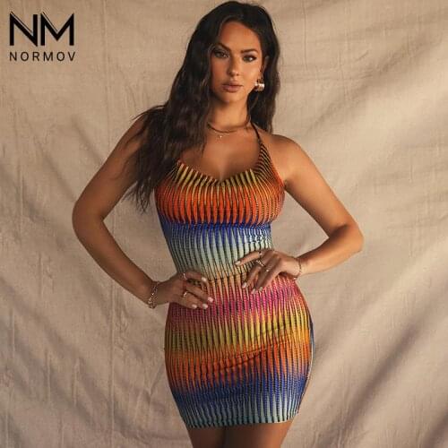 NORMOV Colorful Dress Women Print Sexy Mesh Halter See Through Backless Dresses Casual Stretchy Bodycon Activity Party Dress