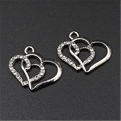 10pcs Silver Plated Handmade Rhinestones Double Hearts Alloy Pendants DIY Charm Metal Jewelry Handicraft Findings 22*16mm A569
