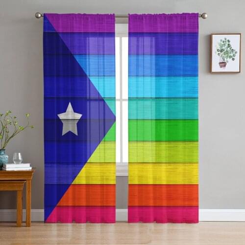 Puerto Rico Wood Grain Rainbow Flag Voile Tulle Sheer Curtains for Bedroom Living Room Kitchen Decor Chiffon Windows Curtain