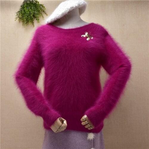 Pull rose ladies women hairy plush mink cashmere knitted long sleeves o-neck slim blouses pullover angora fur jumper sweater top