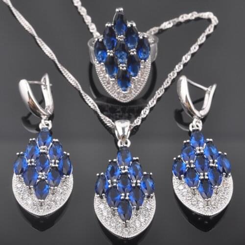 Luxury Blue Stones Silver Plated Jewelry Sets For Women Wedding Gifts Ring Earrings Necklace Bracelet Wedding gift QZ0588