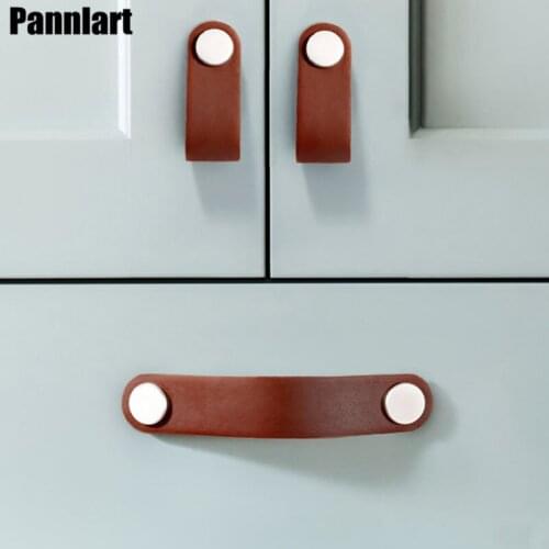 Pannlart 1 Pc Genuine Leather Handle Kitchen Cabinet Drawer Soft Pulls Furniture Door Knob Wardrobe Cupboard Cabinet Handle