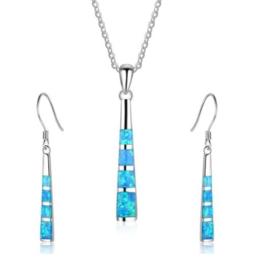 Fashion Beautiful Long Column Shape Necklace Earrings jewelry set Trendy Fire Opal Ear Stud Earring for girl friend best gift