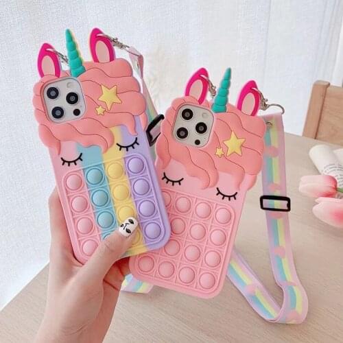 12P Fidget Toys Push It Bubble Silicone Case For iPhone 11 12 Pro Max 6s 7 8 Plus X XR XS Max 3D Cartoon Pink Unicorn Soft Cover