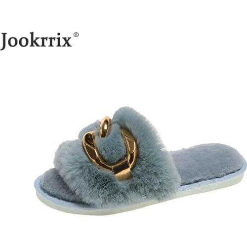 Women Slippers 2021 Winter Adult Fur Slides Fashion Solid Chain Soft Sole Outside Flats Low Heel Leisure Warm Light Lady Shoes