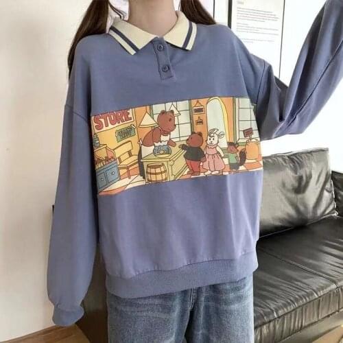 Vintage Polo Collar Cartoon Print Oversized Sweatshirt Women Long Sleeve Casual Girls Kawaii Clothes Spring Japanese Fashion new
