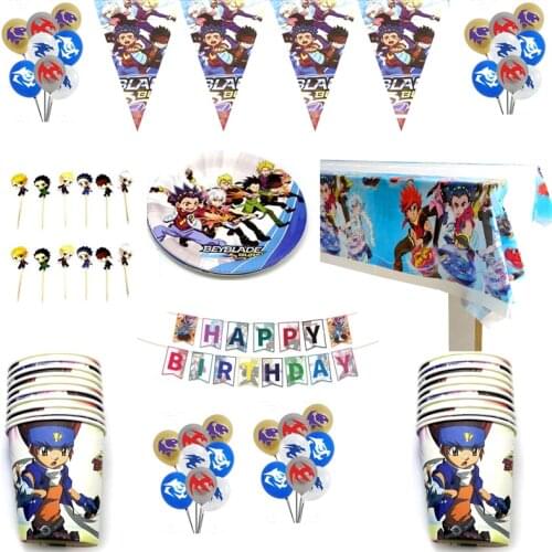 Happy Birthday Party Beyblade Burst Plates Cups Cake Toppers Flags Latex Balloon Tablecloth Hanging Banner Tableware 82pcs/lot
