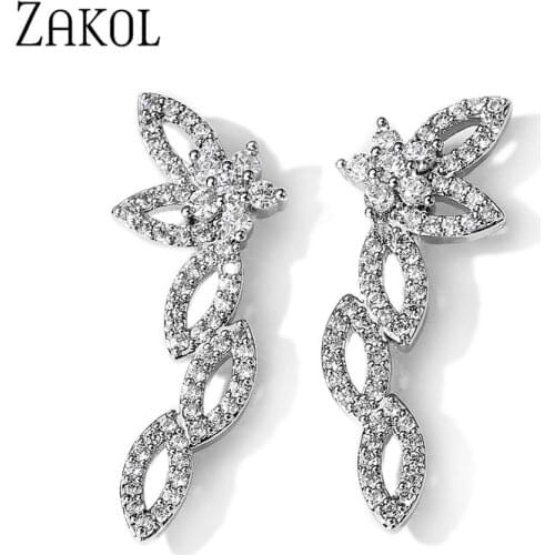 ZAKOL Fashion Simple Leaf Shape Cubic Zirconia Dangle Earings Silver Color Bridal Wedding Party Jewelry Accessories EP2970