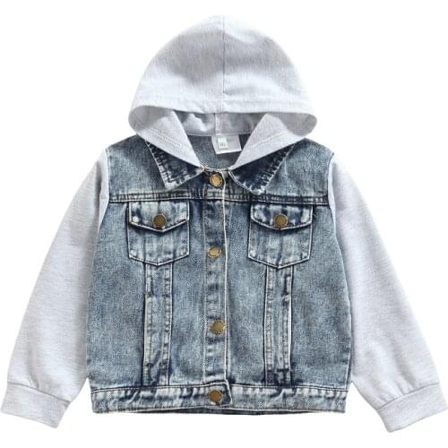 2-7Y Infant Kids Boys Causal Jacket Outwear Long Sleeve Denim Patchwork Single Breasted Hooded Coat