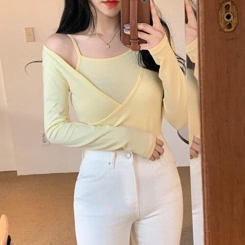 2021 Korean womens clothing spring and autumn new ladies pure color simple slim fashion T-shirt two-piece suit women