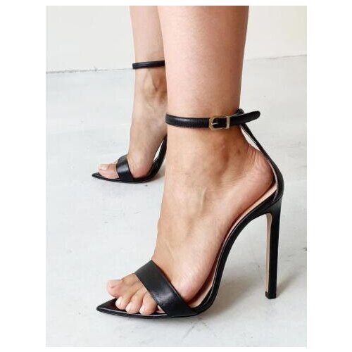 Moraima Snc Sexy Ankle Strap High Heel Sandals Women Summer Pointed Toe Stiletto Heels Black Leather Party Dress Shoes