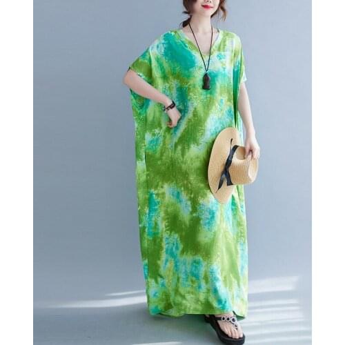 Vintage Tie Dye Ptint Long Cotton Dresses For Women Large Size Bat Loose Summer Sundress Robe Female Ladies Boho 4xl 5xl 6xl