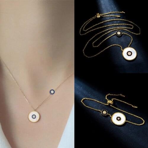 Top Cute 18k Gold Plated Fashion Pave Blue White Zircon Natural Shell Round Pendant Necklace Sterling Silver Jewelry For Women