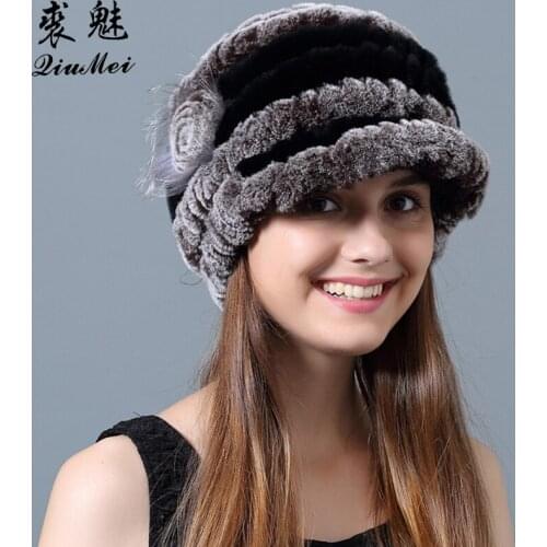 Winter Hats Beanies Real Rex Rabbit Fur Flowers Striped Knitted Rabbit Fur Hat Caps Casual Natural Fur Women Hat Female Russian