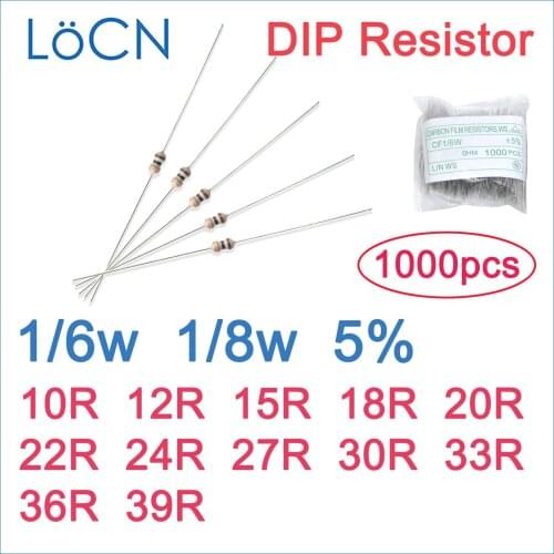 1000pcs 5% 1/6W 1/8W Carbon Film Resistor DIP 10R 12R 15R 18R 20R 22R 24R 27R 30R 33R 36R 39R OHM color ring 1R~2M LoCN
