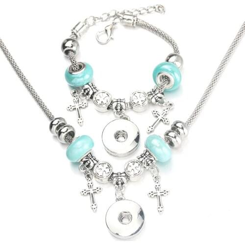 Snap Cross Necklace Bracelet Set Bead Pendant Hollow Chain Beaded Bracelet For 18mm Snap Fashion Party Jewelry 005
