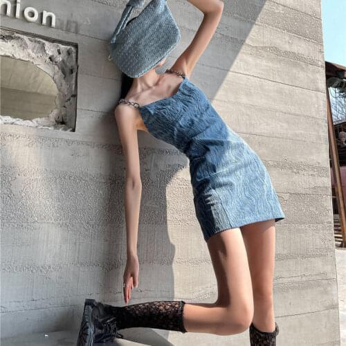 Design Sense Niche Sweet Cool Hot Girl Strap Denim A- line Dress Female Summer 2021 New Tea Break French Fashion